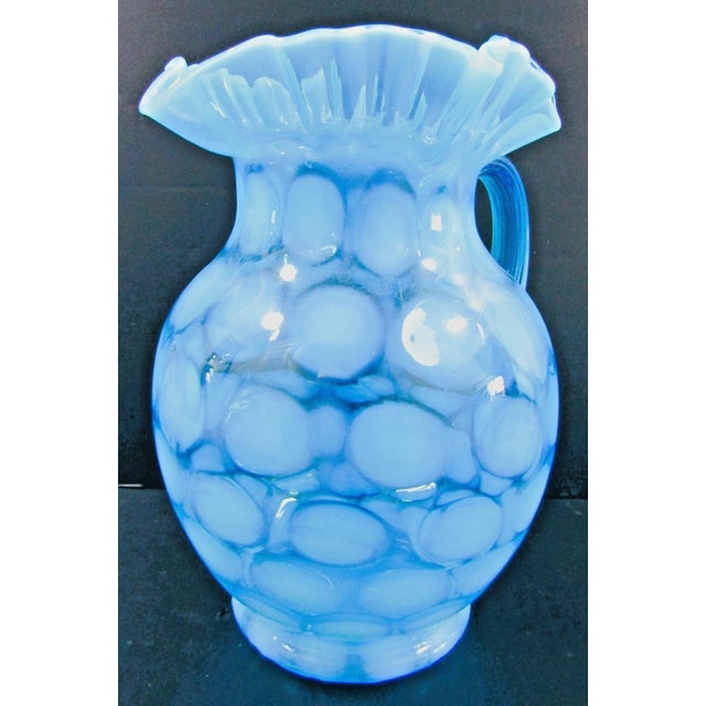 Glass Vintage Fenton Blue Opalescent Coin Spot Glass Pitcher and 4 Tumblers Set For Sale - Image 7 of 17
