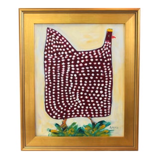 Original Red Folk Art Chicken Hen Painting by Ruth Arenz Including the Antiqued Gold Wood Fame For Sale