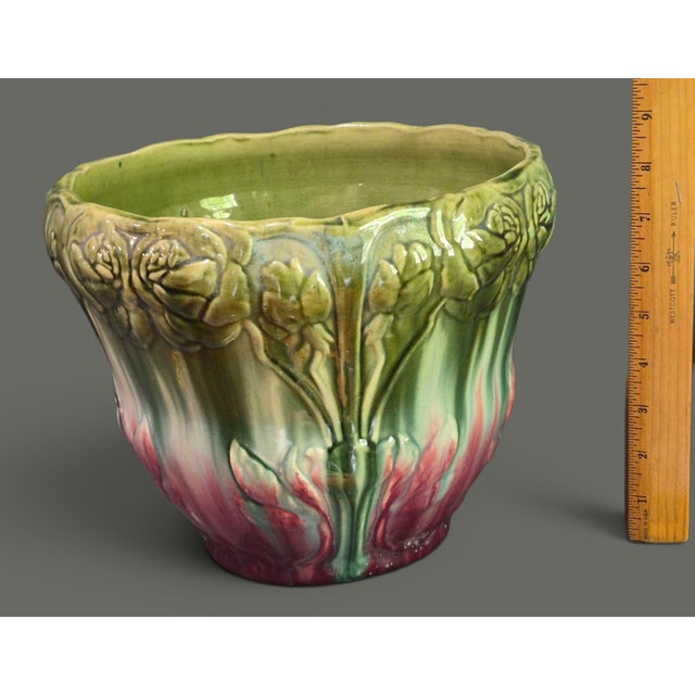 Art Nouveau Vintage Majolica Jardinière Planter High-Relief Art Nouveau Floral Marked Numbered For Sale - Image 3 of 8