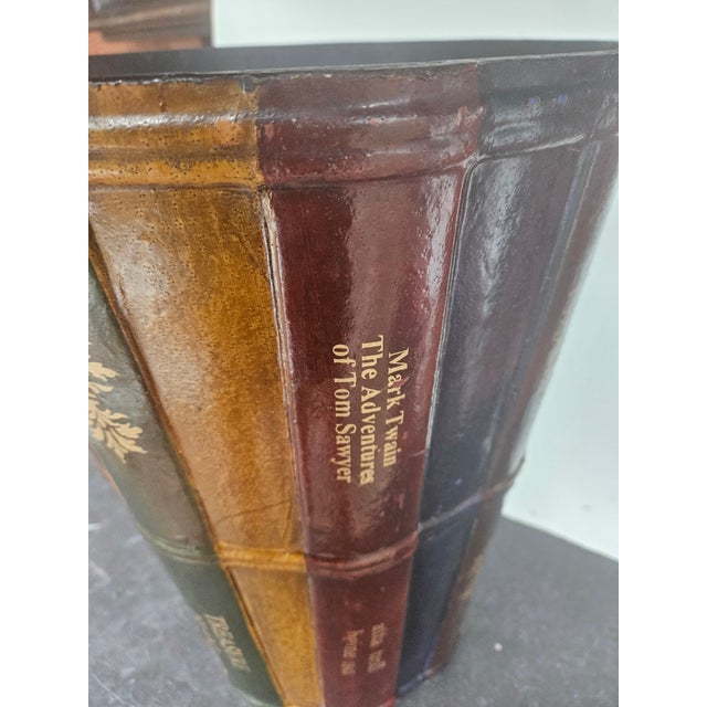 1980s Tall Leather Faux Book Faced Waste Basket For Sale - Image 5 of 5