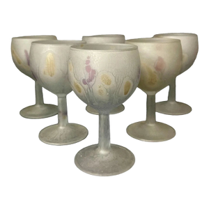 Vintage Rueven Art Glass Stemmed Goblets – Set of 6 Frosted Multicolor Wine or Aperitif Glasses