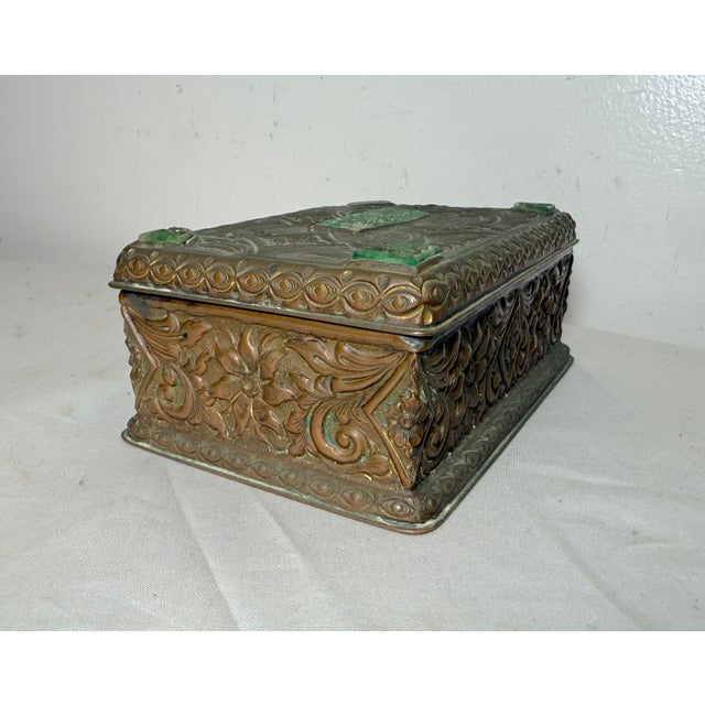 Antique 19th Century Hand Tooled Copper Carved Jade Stone Wood Cigarette Box For Sale - Image 12 of 13