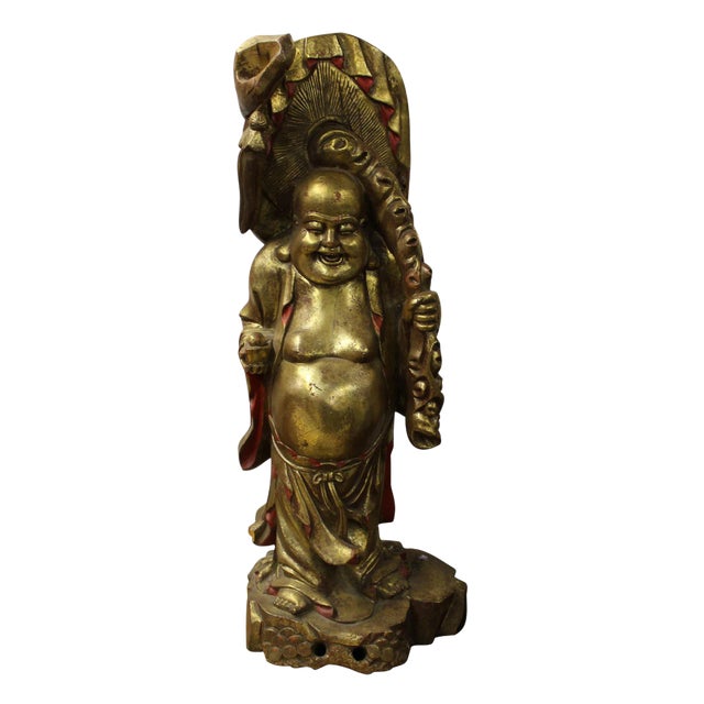 Gold Painted Carved Wood Happy Buddha Figure For Sale