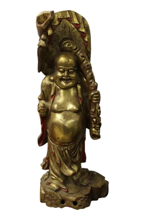 Gold Painted Carved Wood Happy Buddha Figure