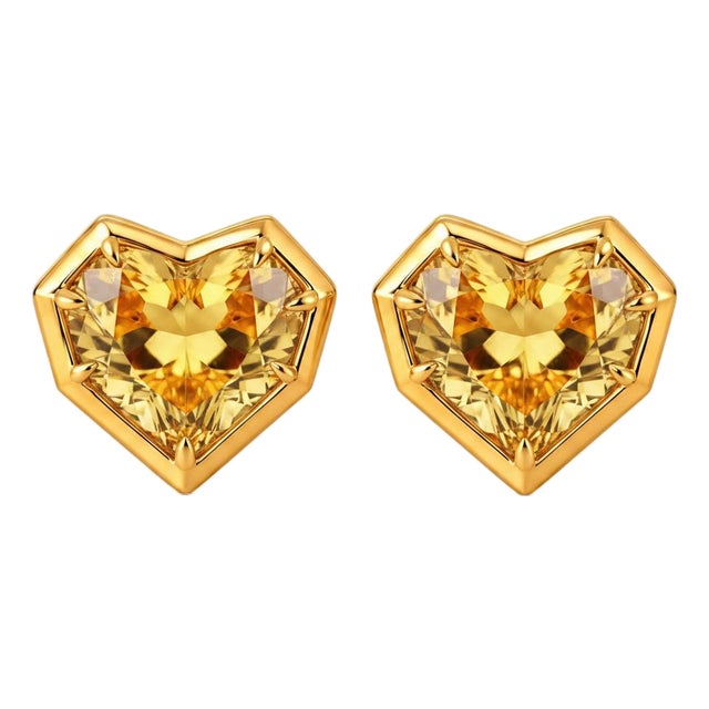 Geometric Heart Citrine Stud Earrings, Silver, Gold, Pair For Sale