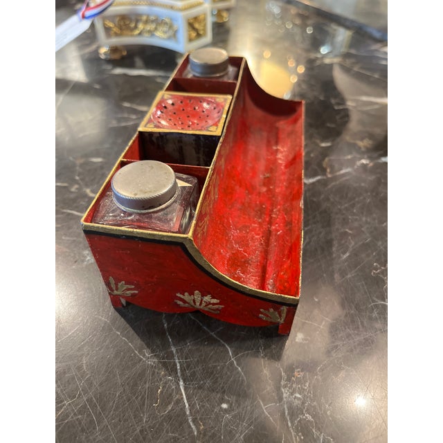 18th Century French Red Tole Painted Ink Stand For Sale - Image 4 of 6