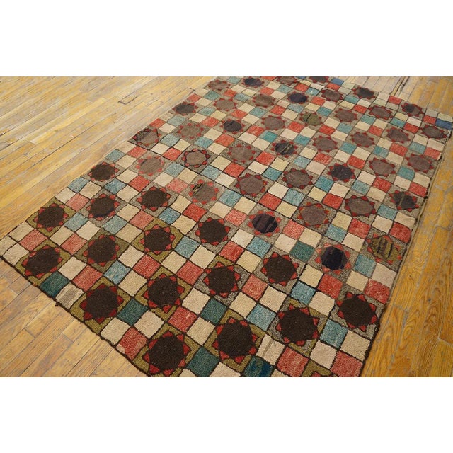 Extraordinary Multicolor Bakcground & Circles With Star Borders Geometric Pattern Antique American Hooked Rug For Sale - Image 4 of 7