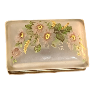 Vintage Frosted Glass Trinket Box – Hand-Painted Floral Design With Brass Hinged Frame, Mid-Century Vanity Deco