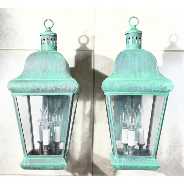 Metal Pair of Vintage Colonial Solid Brass Wall Lanterns. 20”h X 8”.5w X 12”d For Sale - Image 7 of 18