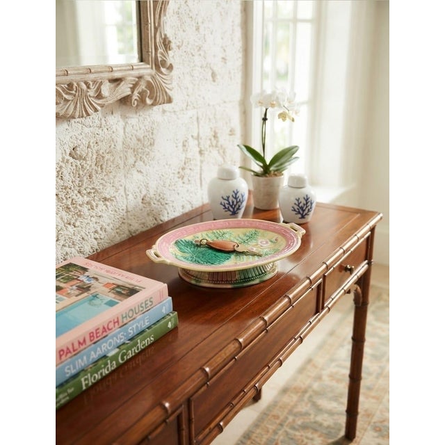 Antique Victorian Majolica Oval Pedestal Dish With Botanical & Greek Key Motif For Sale - Image 12 of 12