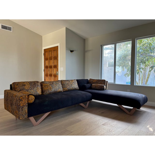 1960's MCM 2-Piece Sectional Sofa Reupholstered in a Luxuriously Soft Black Chenille and a Burnt Orange/Tan/Brown Paisley Cotton Fabric For Sale - Image 10 of 12