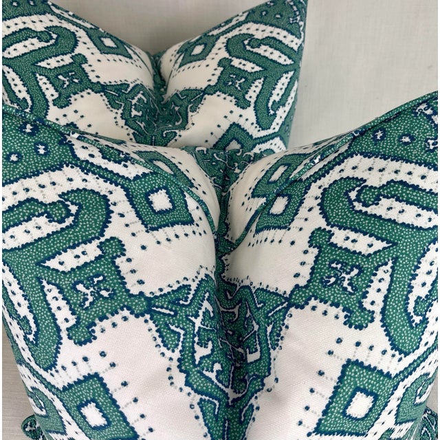 Custom pair of 22” pillows covered in Duralee “Pombal” in emerald. These pillows have tapered corners to prevent dog ears,...