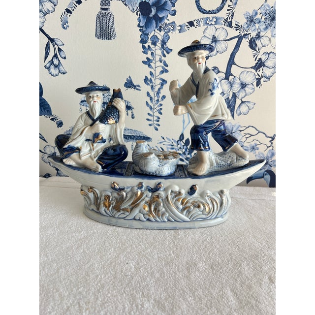 1950s Vintage Blue & White Porcelain Chinese Fishermen in Boat For Sale - Image 5 of 11