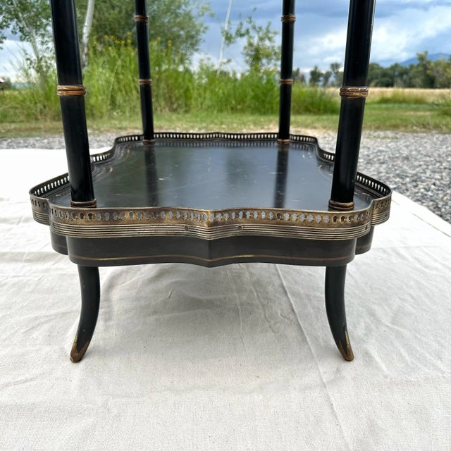 Black Vintage Two Tier Painted Faux Bamboo Ebonized Etagere With Decorative Brass Edges For Sale - Image 8 of 9