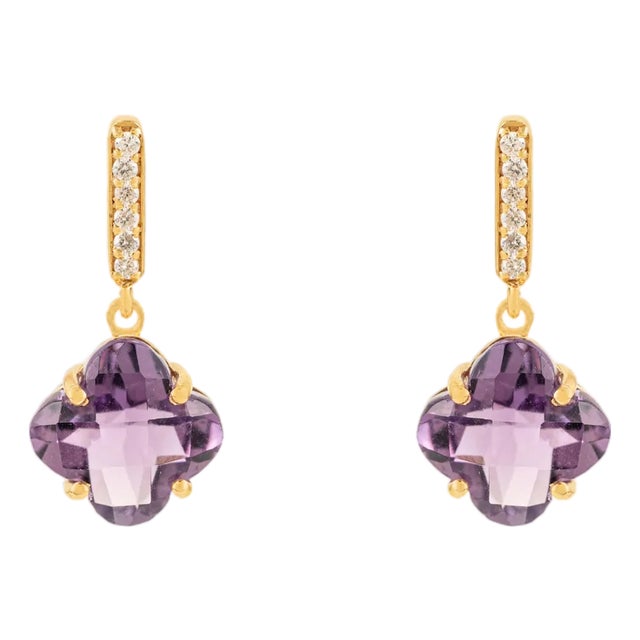 3.8ct Amethyst & Diamond Clover Drop Earrings in 14k Yellow Gold- 2 Pieces For Sale