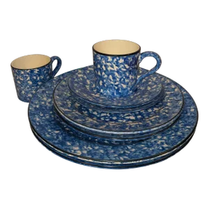 1970s Stangl Town & Country Blue Spongeware Set- 8 Pieces