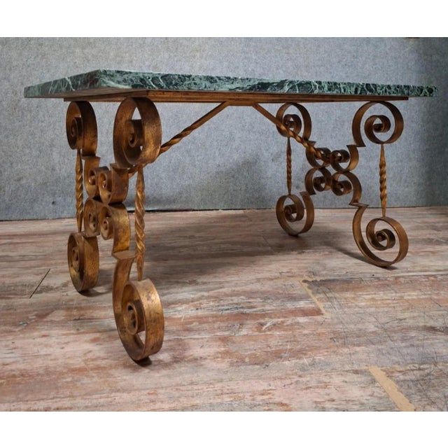 Wrought Iron Coffee Table with Scrollwork Decor and Marble Top, 20th Century Work For Sale - Image 6 of 8
