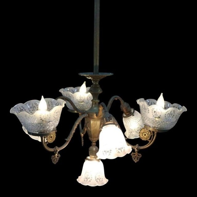 Brass Electric & Gas 7-Light Chandelier & Diamond Cut Ruffled Glass Shades C1890 For Sale - Image 13 of 13