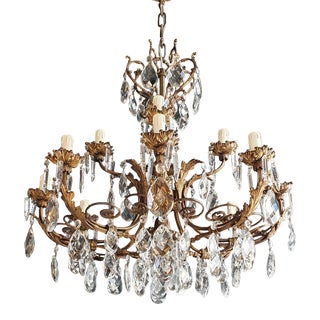 1940s Crystal Candelabrum Brass Bronze Chandelier For Sale
