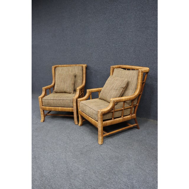 Comfortable pair of Braxton Culler lounge chairs crafted from split reed bamboo with gracefully curved arms, lattice...
