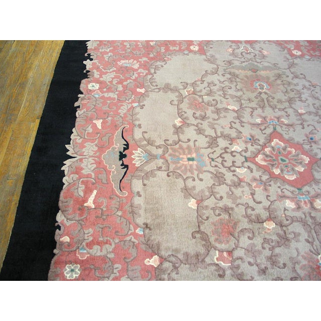 Art Deco 1920s Pink Rose Floral Antique Chinese Art Deco Rug 9'2" X 11'10" Handknotted Wool Carpet For Sale - Image 3 of 6