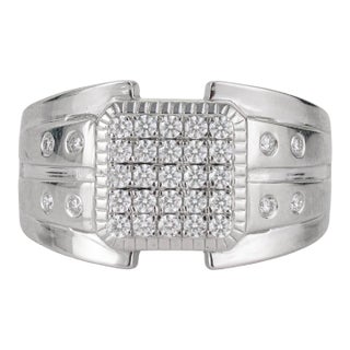 Modernist Heavy Sterling Silver Unisex Wide Band Ring With Round Pavé Moissanite Size 8 For Sale