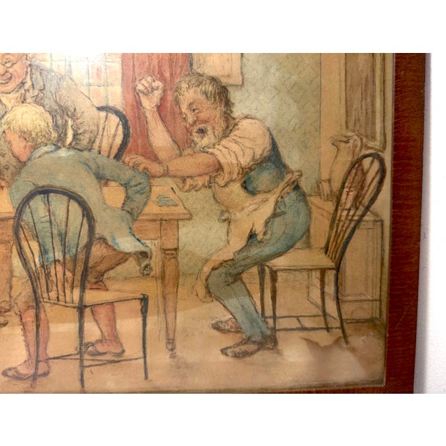 Antique 19th Century Original Men Playing Cards at Table Watercolor Painting For Sale - Image 9 of 12