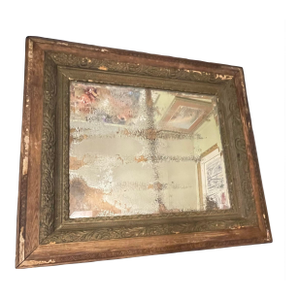 Antique Ornately Carved French Restoration Wooden Mirror W/ Hand Crafted Floral Motifs & a Natural Aged Weathered Worn Distressed Patina