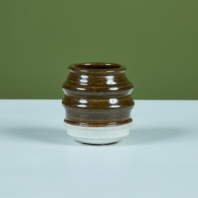 Ribbed Stoneware Vessel with Two-tone Glaze For Sale In Los Angeles - Image 6 of 11