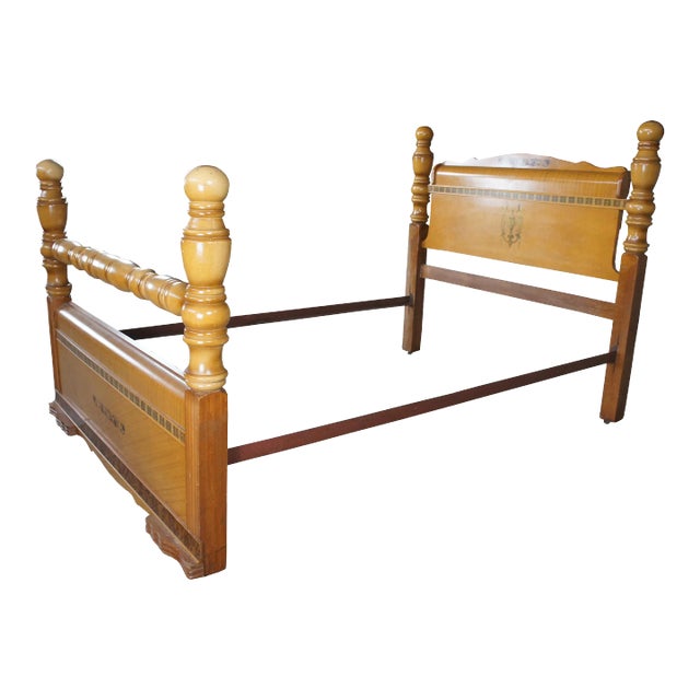 Vintage Late Art Deco Mahogany Waterfall Full Size Burl & Inlay 4 Poster Bed For Sale