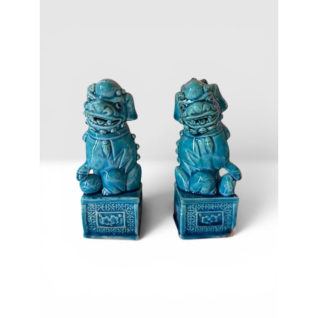 1970s Set of 2, 1970s Blue Foo Dog Guardian Lion Ceramics Set For Sale - Image 5 of 10