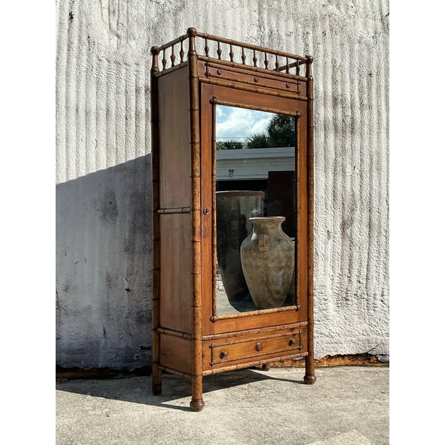 Vintage Boho Carved Bamboo Armoire For Sale - Image 4 of 9