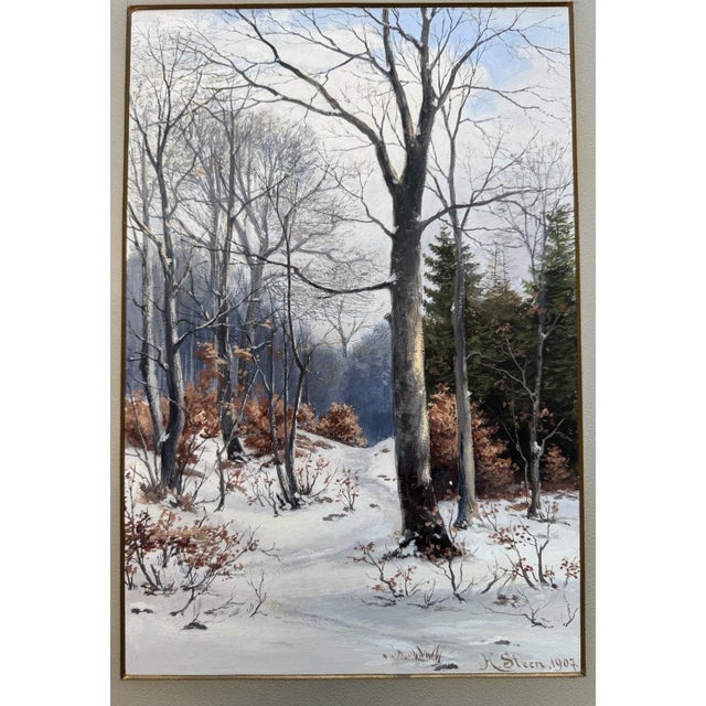Heinrich Steen, Forest Path in Winter, 1907, Watercolor, in Very Good conditions. Designed 1890 to 1919 This piece is...