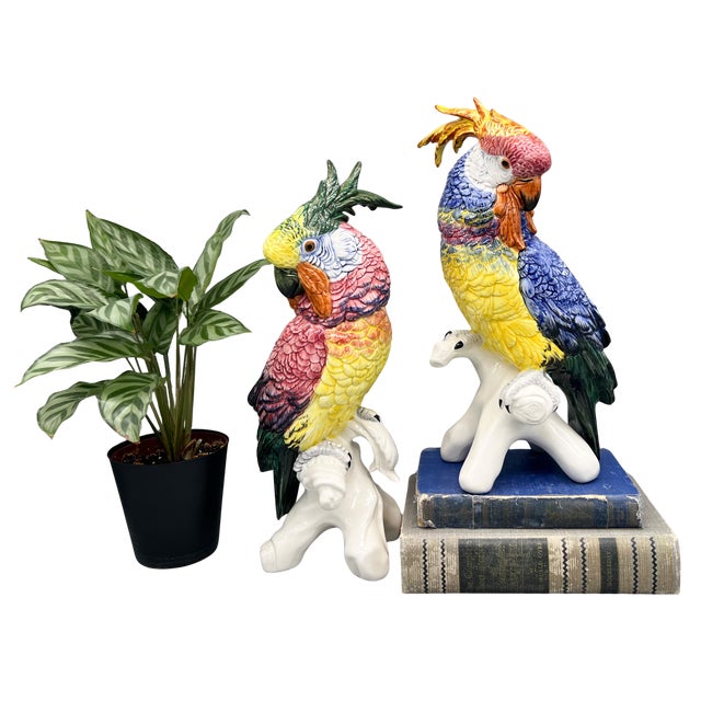 A vibrant pair of Italian-made ceramic cockatoo parrots imported by Chelsea House. Richly hand-painted in saturated shades...