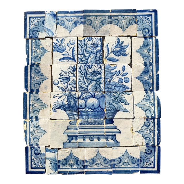Antique 18th Century Portuguese Rococo Basket of Plenty Tile Panel For Sale