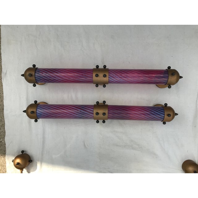 Wonderful whimsy red and white candy strip hand blown glass scones with Memphis style gilt metal ball hardware are...