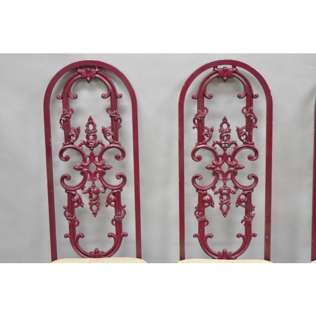 Hollywood Regency Vintage Hollywood Regency Victorian Style Red Cast Metal Dining Chairs Set of 4 For Sale - Image 3 of 16