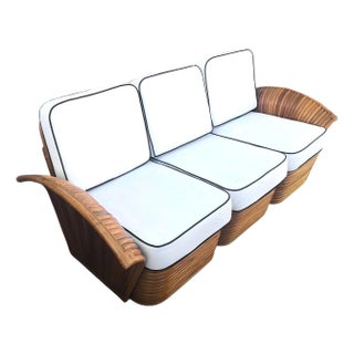 1930s Restored Art Deco Rattan "Fan Arm" Three-Seat Section Sofa w/ Stacked Base For Sale