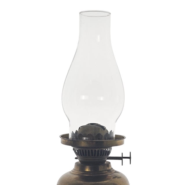 Victorian Victorian Brass Duplex Oil Lamp With Patina and Glass Chimney For Sale - Image 3 of 9
