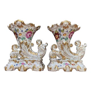 French Cornucopia Vases in Porcelain, 1800s, Set of 2 For Sale