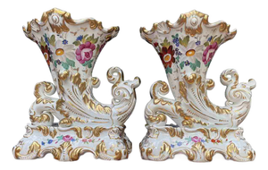 French Cornucopia Vases in Porcelain, 1800s, Set of 2