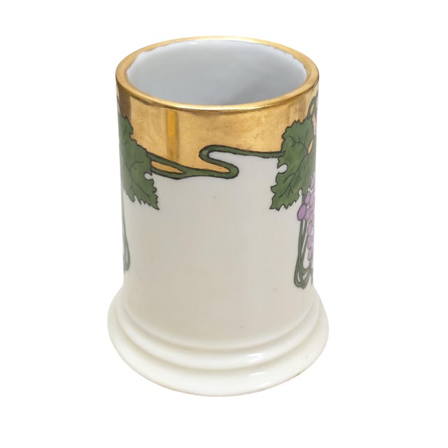 Art Nouveau 1915 Rosenthal Ceramic Tankard Stein Glass With Gold Rim, Grape Motif For Sale - Image 3 of 6
