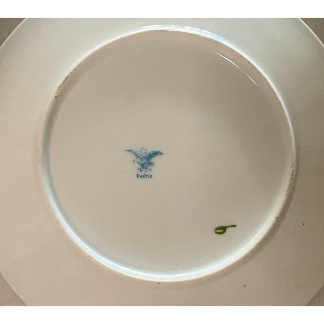 Ceramic Early 20th Century Limoges Blue, Gold, and Pink Roses Desert Plate and Saucer Wall Plate Curation- Set of 6 For Sale - Image 7 of 10