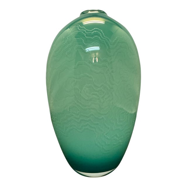 Vintage Mid Century Style Art Glass 10” Vase Emerald Seafoam Ombre Etched Swirls For Sale