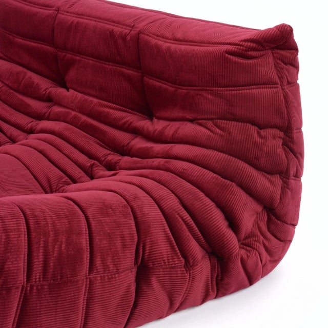 Restored Vintage Togo Loveseat by Ligne Roset in Bordeaux Red Corduroy For Sale - Image 11 of 12