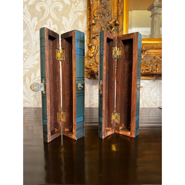 Pair of Vintage Traditional Scottish Tartan Plaid Painted Wood and Brass Arched Lidded Boxes, Blue & Green For Sale - Image 10 of 12