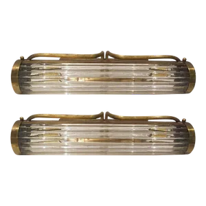 Pair Skyscraper Vintage 1940s Art Deco Light Old Lamp Wall Sconces Fixture Brass & Glass Rod Ship Light