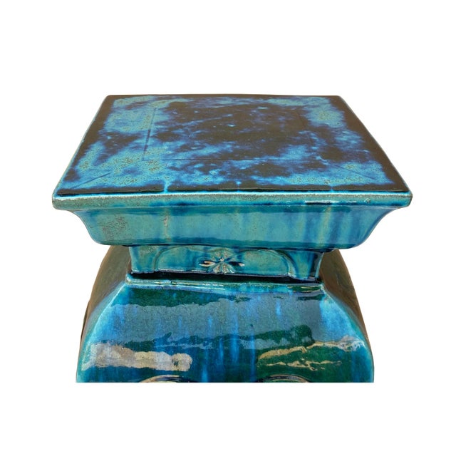 2020s Ceramic Clay Green Square Tall Pedestal Table Flower Display Stand For Sale - Image 5 of 6