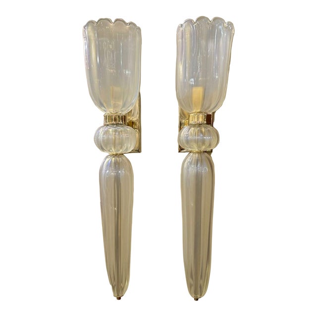 Pair of Opalescent Murano Glass Cone Form Sconces For Sale