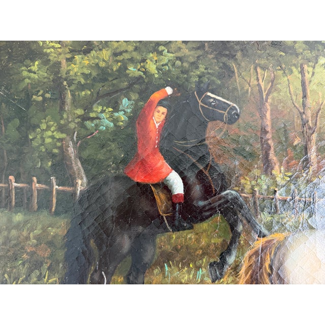 Large Vintage Oil Painting English Fox Hunt Horses Hounds Hunting Scene Art For Sale In Jacksonville, FL - Image 6 of 15